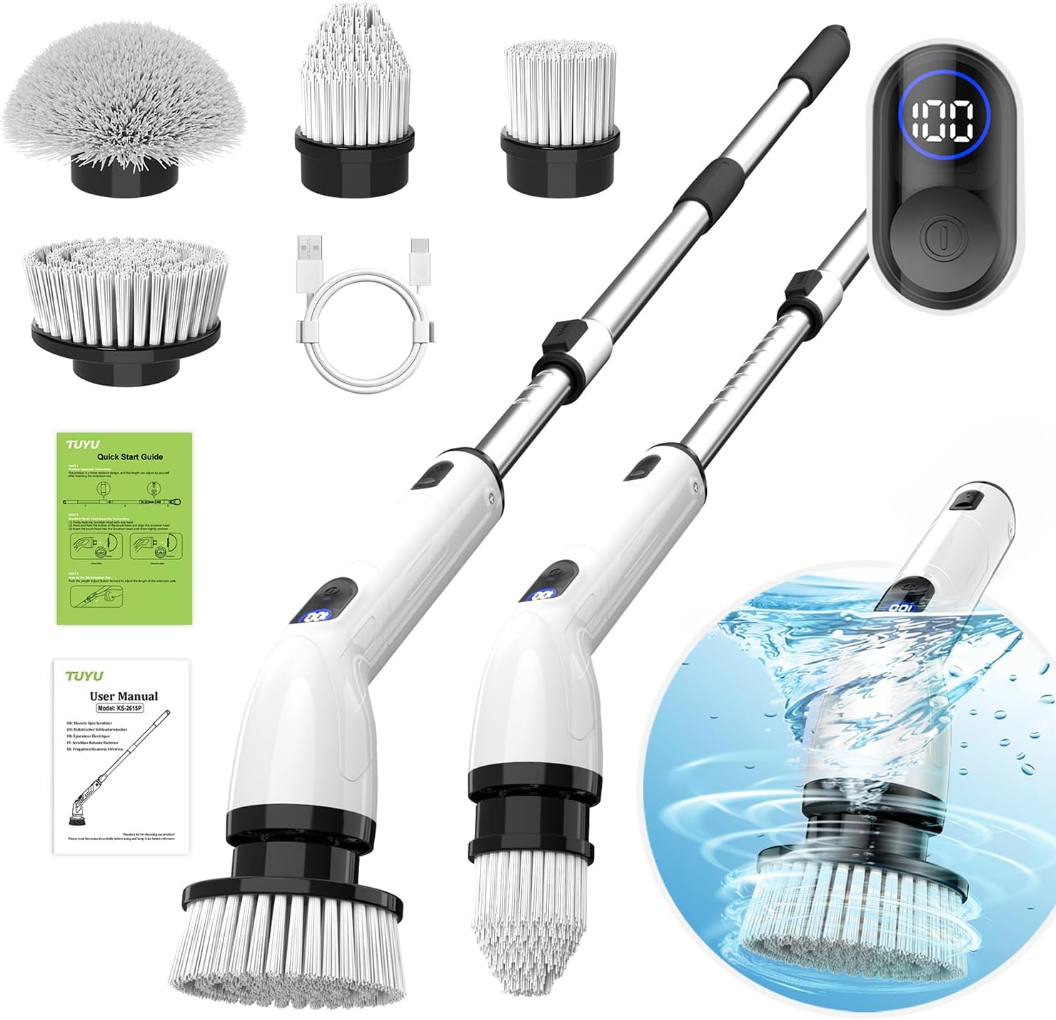 71GhDHqOwNL._AC_SL1490_ TUYU Electric Spin Scrubber, Full-Body IPX7 Waterproof Bathroom Scrubber with Power LCD Display, Adjustable Extension Handle, Cordless Shower Cleaner Brush for Bathtub Kitchen Wall Cleaning - Image 1